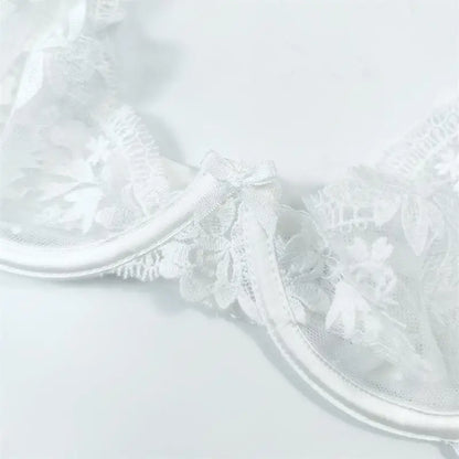 French Sexy Bra & Brief Set Lingerie Ultra-Thin See-Through Sexy Floral Lace Underwire Set Large Breasts Show Small Anti-Sag Bra