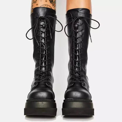 DoraTasia Black Gothic Fashion Round Toe Side Zipper Lace Up Women's Mid Calf Boots New INS Christmas Street Party Shoes Woman