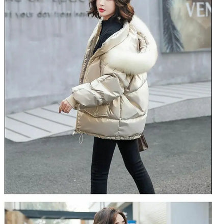 2025 Winter Fashion New Warm Duck Down Jacket Women's Clothes Glossy Fur collar Thicken Parka Short Down Coat Female Trend