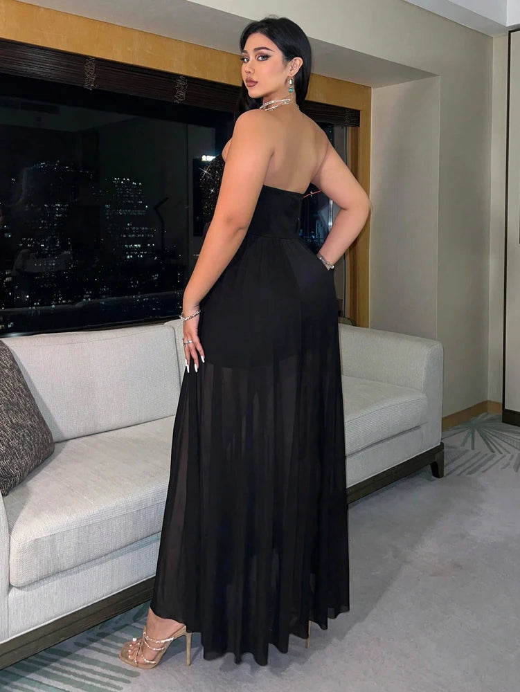 Plus Size Fashion Sexy Sheath Sequins Waisted Mesh Dress Slit Elegant Summer New Cocktail Dresses Outdoor