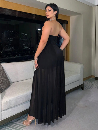 Plus Size Fashion Sexy Sheath Sequins Waisted Mesh Dress Slit Elegant Summer New Cocktail Dresses Outdoor