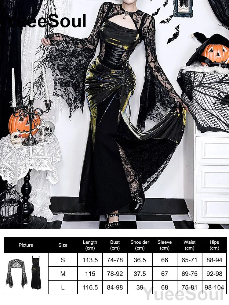 Halloween Gothic Grunge Punk Women Dress Long Sleeve Lace Slim Black Dresses 2025 New Y2K Harajuku Lolita Fairy Core Party Dress