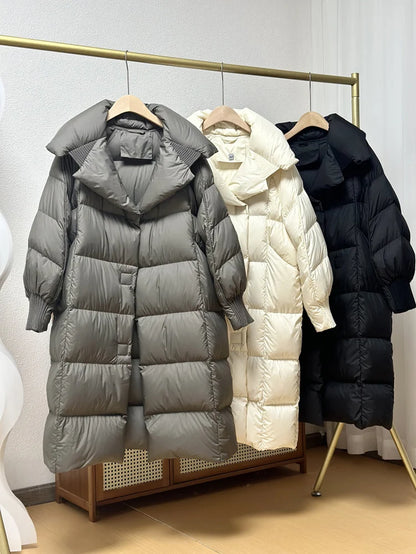 Schinteon Women White Duck Down Long Jacket Autumn Winter Warm Casual Over Size Loose Outwear Soft Comfortable Fashion Coat New