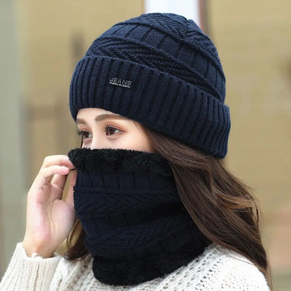 Men Women Winter Beanie Hat Scarf Casual Thermal Fleece Knitted Hat Soft Warm Balaclava Wool Neck Warmer Scarf Cap
