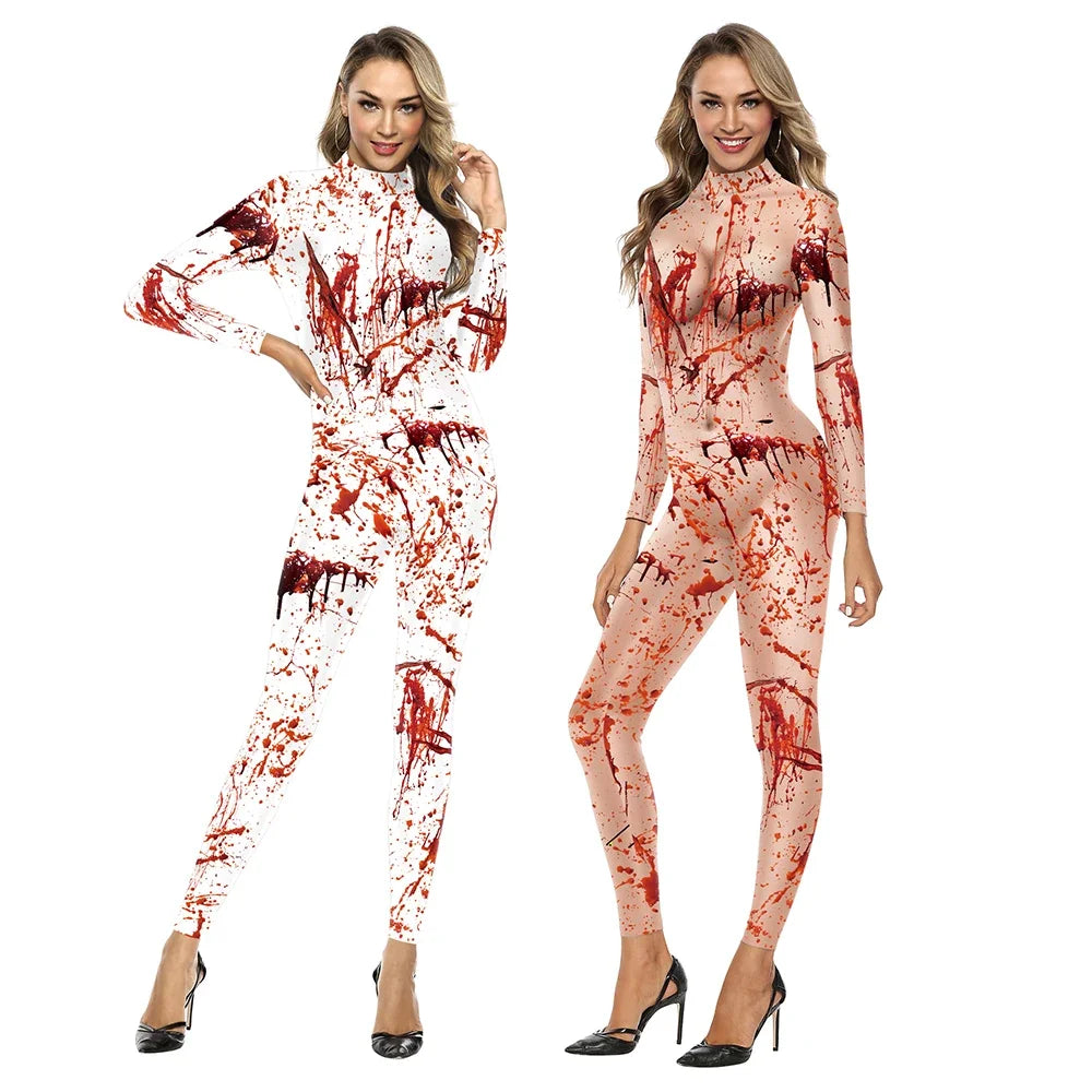 Women's Halloween Horror Role Bloodstained Jumpsuit Scary Cosplay Costume Bodysuit Uniform for Party