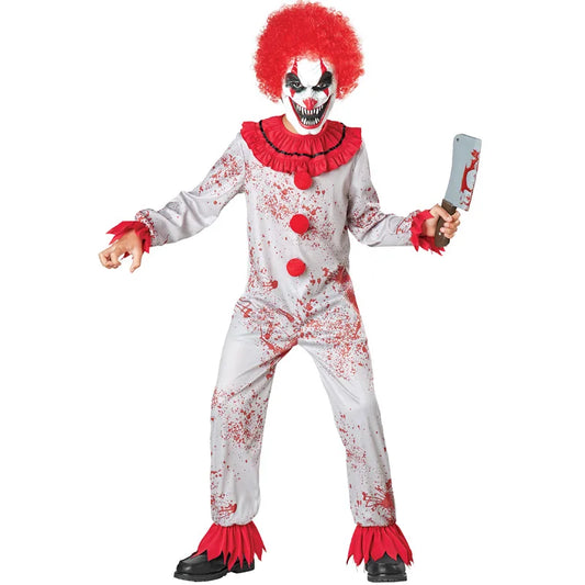 Movie Killer Clown Costume Cosplay For Boy Girl Scary Clown Gray Jumpsuit with Blood Fancy Hallween for Boys Terror Jumpsuit