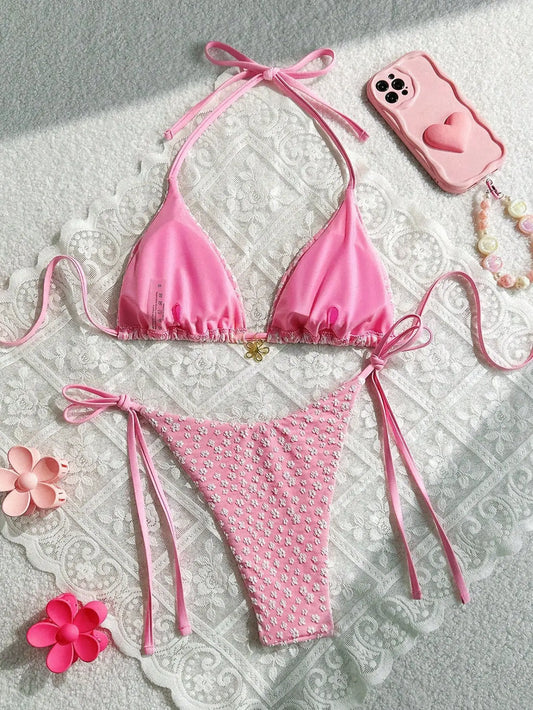Pink Floral Print Two Piece Bikini Set 2025 Swimsuit for Women Halter Push Up Backless Beach Swimwear Micro Thong Bathing Suit