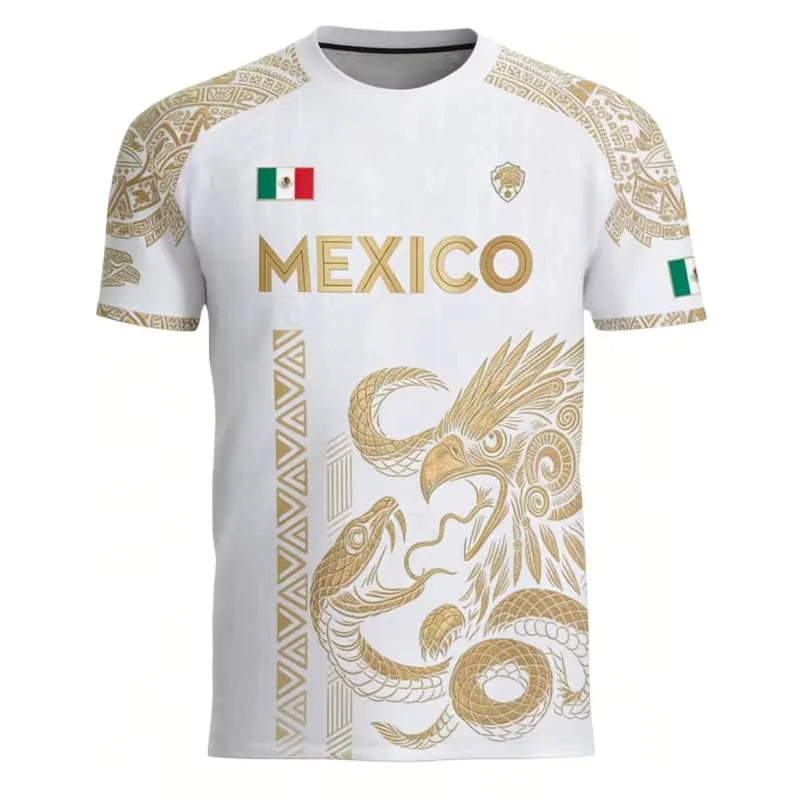 2026 New Summer Mexico Soccer Jersey Men Black Gold Design with Aztec Eagle Snake Print and Mexican Flag for Football Fans
