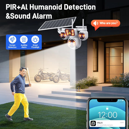 8K 15MP Triple Screen Solar Security Camera 4G LTE Wireless Solar Surveillance Cam 12X Zoom 12000mAh Security Protection CCTV