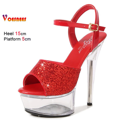 Summer Party Sequin Cloth Women's Sandals Transparent Petal Waterproof Platform High Heels Model Show Stiletto Strippers Shoes