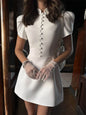 Trendix Button Patchwork Elegant Dress For Women Fashion Pleated Short Sleeve Short Dresses Femme Office Commuter A-Line Dress