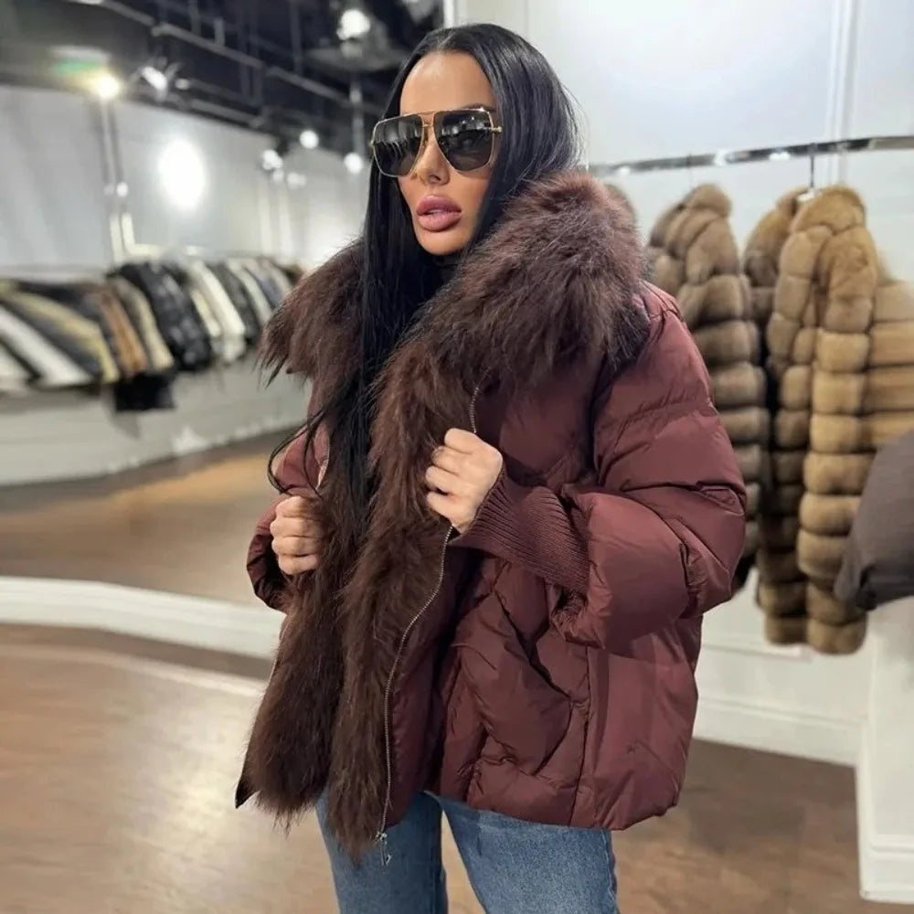 OFTBUY 2025 New Winter Large Real Raccoon Fur Puffer Coat Women Oversized Feather Down Parka Knit Sleeve White Duck Down Jacket