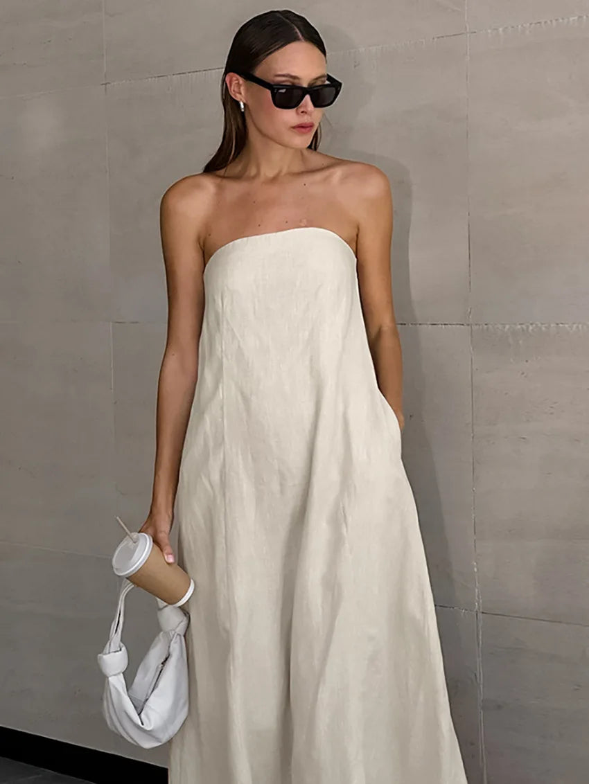 Minimalist Cotton Linen Design Strapless Dress Summer Women's Personal Street Elastic Backless Pocket Vacation Beach Dress