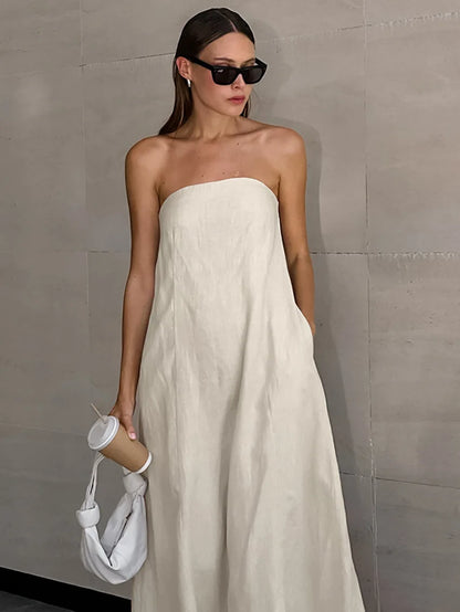 Minimalist Cotton Linen Design Strapless Dress Summer Women's Personal Street Elastic Backless Pocket Vacation Beach Dress