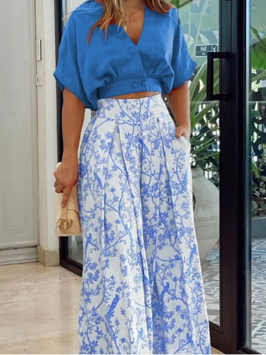 Solid Color V-neck Short Sleeved Floral Print Women's Wide Leg Pants High Street Fashion Daily Versatile Summer Set