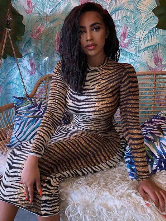 leopard print long sleeve slim bodycon sexy dress autumn winter women streetwear party festival dresses outfits