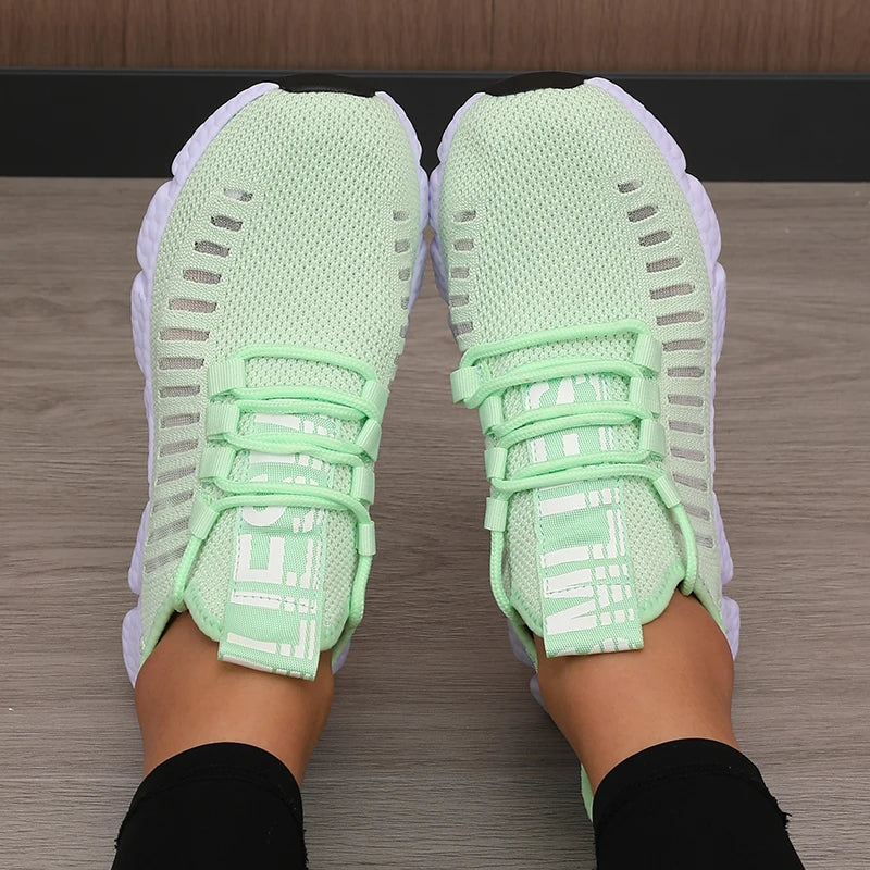 Women's Sneakers Knitted Mesh Breathable Fashionable Lightweight Soft Lace Up Shoes Flexible Trendy Exercise Walking Flat Shoes