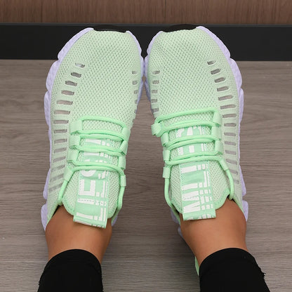 Women's Sneakers Knitted Mesh Breathable Fashionable Lightweight Soft Lace Up Shoes Flexible Trendy Exercise Walking Flat Shoes