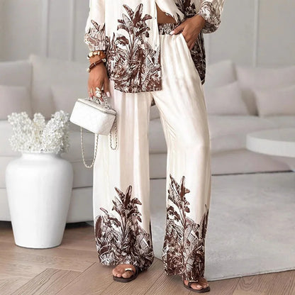 New Autumn Long Sleeve Lapel Shirt Cardigans & Wide Leg Pant Sets Woman 2 Piece Casual Print Single Breasted Suit Leisure Outfit