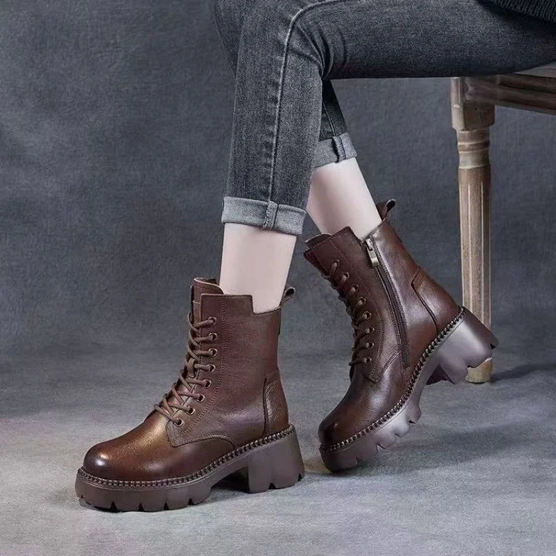 Autumn Winter Retro Women's Korean Style Thick-Soled New Short Boots Women's Lace-Up Casual Plus Size Women's Boots