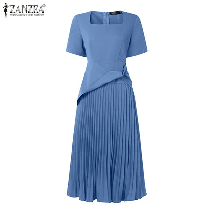 ZANZEA Elegant Office Work Dresses 2025 Women Summer Dress Square Neck Party Sundress Fashion Short Sleeve Pleated Vestidos Robe