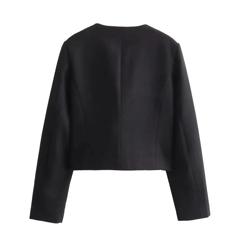 TRAF 2024 Cropped Tweed Jacket Woman Coat Button Long Sleeve Elegant Jackets For Women Short Coats Fashion New In Outerwears