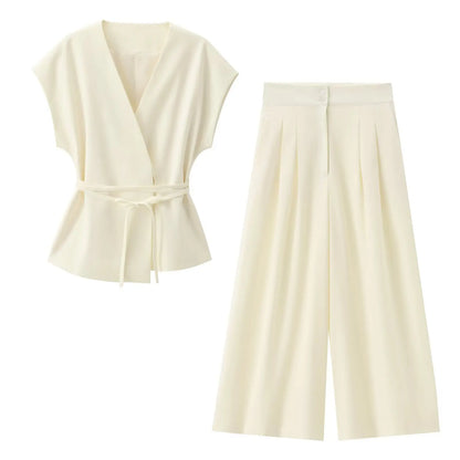 TFMLN Fashion Women's Trouser Suits Sleeveless V-Neck Top With Belt Straight Pants Sets 2025 Spring Summer Commuter 2 Piece Set