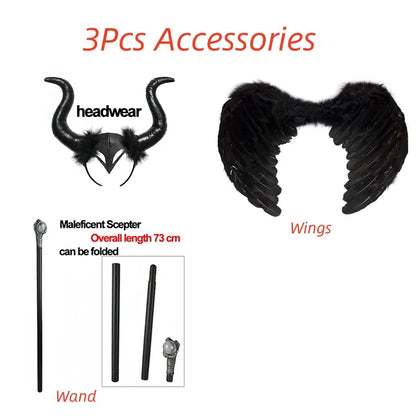 Maleficent Costume Deluxe Girls Halloween Carnival Party Black Trailing Mesh Dress Kids Cosplay Demon Queen Witch Clothes