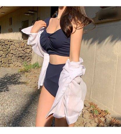 Korean Goddess Bikini Set Women's Two-Piece Triangle High-Waist Thermal Spring Swimsuit Small Chest Ideal for Swimming