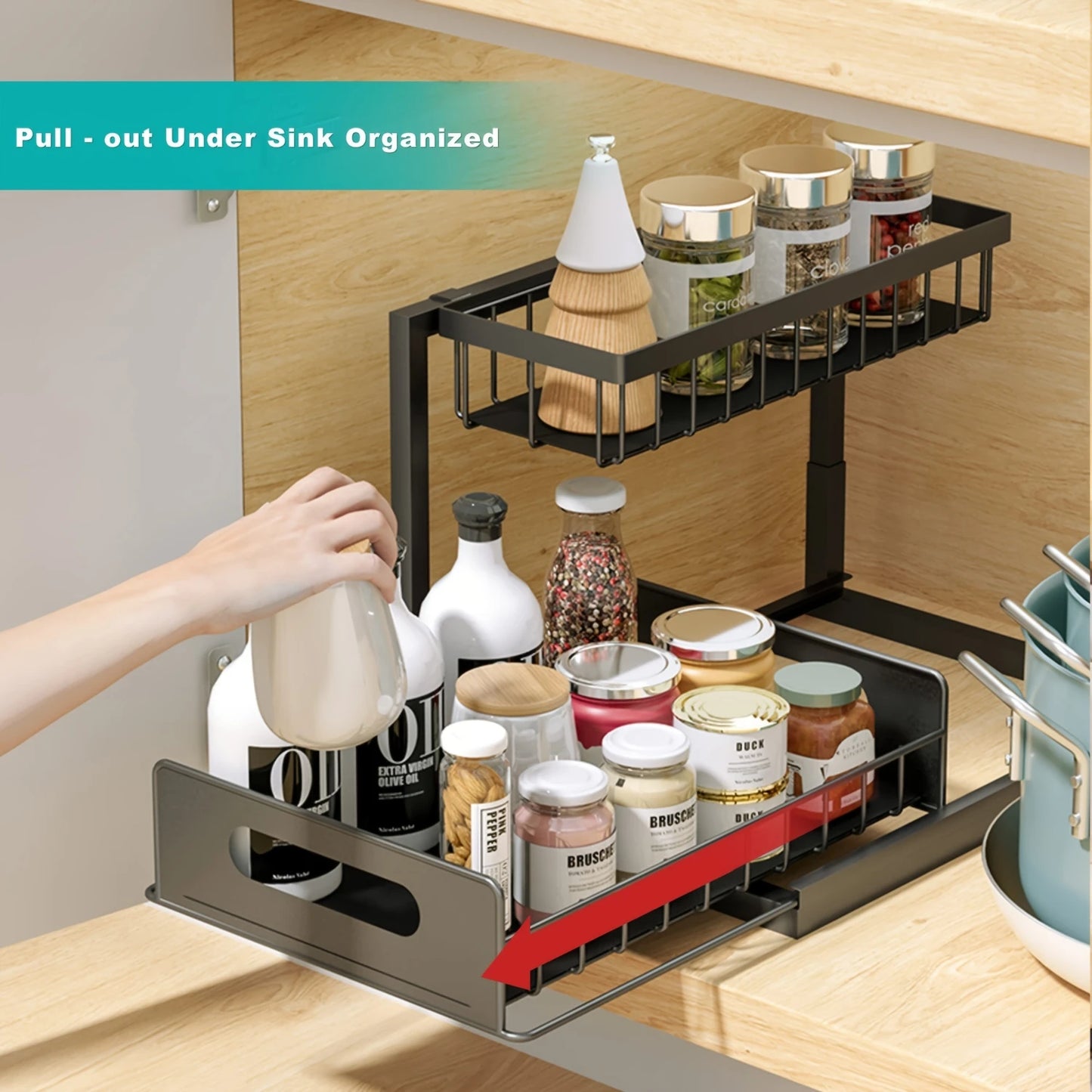 1pc Pull-Out Organizer, Countertop 2 Tiers Under Sink  Organizer, Large Capacity Black Iron  Holder, For Food, Seasoning Jar, An