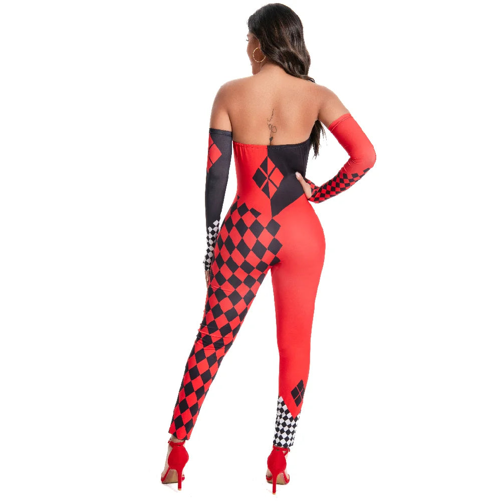 [You're My Secret] Halloween Cosplay Harley Q Clown Costume Sexy Jumpsuit for Women Bodysuit Masquerade Disguise Zentai Outfit
