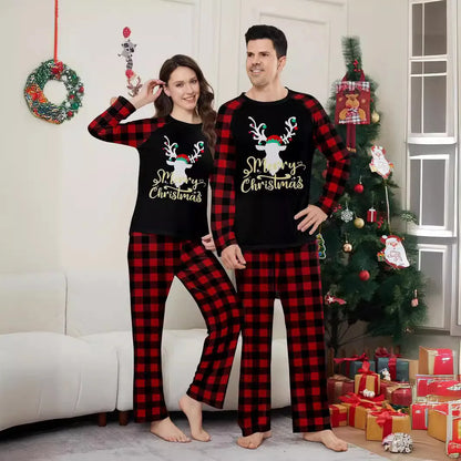 Christmas family suit, family pajamas set, round neck red and black check cute deer print long sleeve home suit