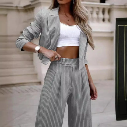 Women's Casual Striped Short Lapel Suit And Straight Pants Suit Conjuntos Femininos Elegantes Women's Pantsuit New Matching Sets