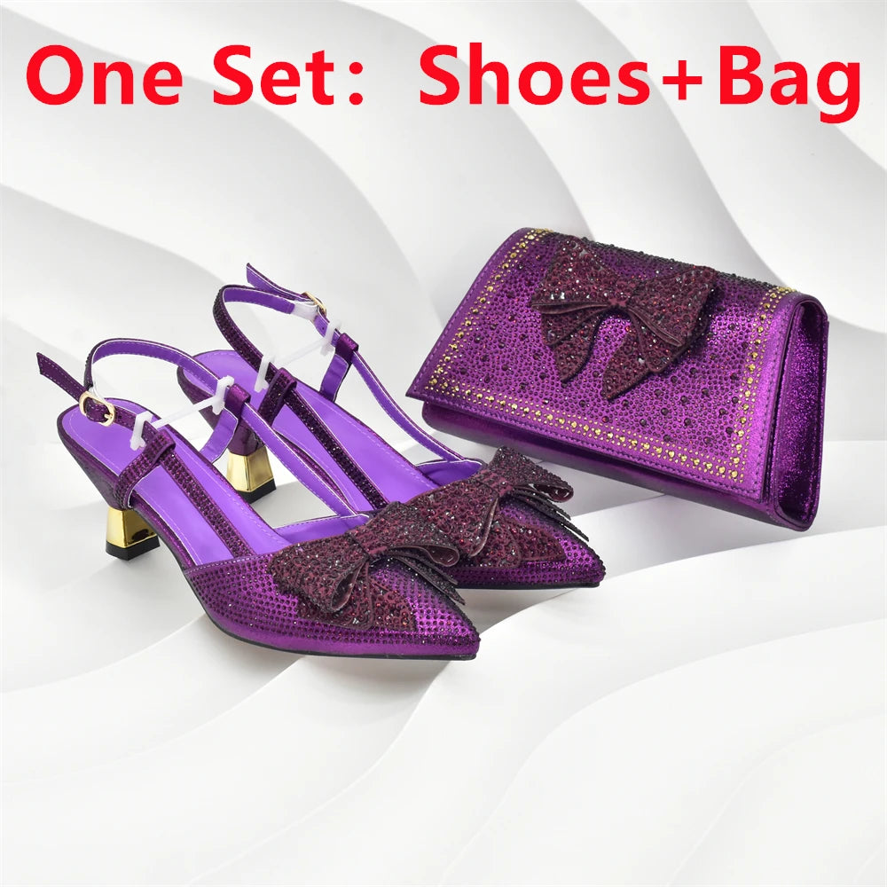 2025 Fashiona Banquet Exquisite Party Top Luxury Pointed Toe Bowtie Bright Diamond Summer Women's High Heels Shoes and Bags Set