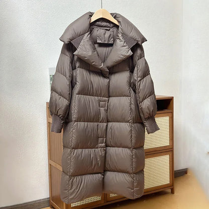Schinteon Women White Duck Down Long Jacket Autumn Winter Warm Casual Over Size Loose Outwear Soft Comfortable Fashion Coat New