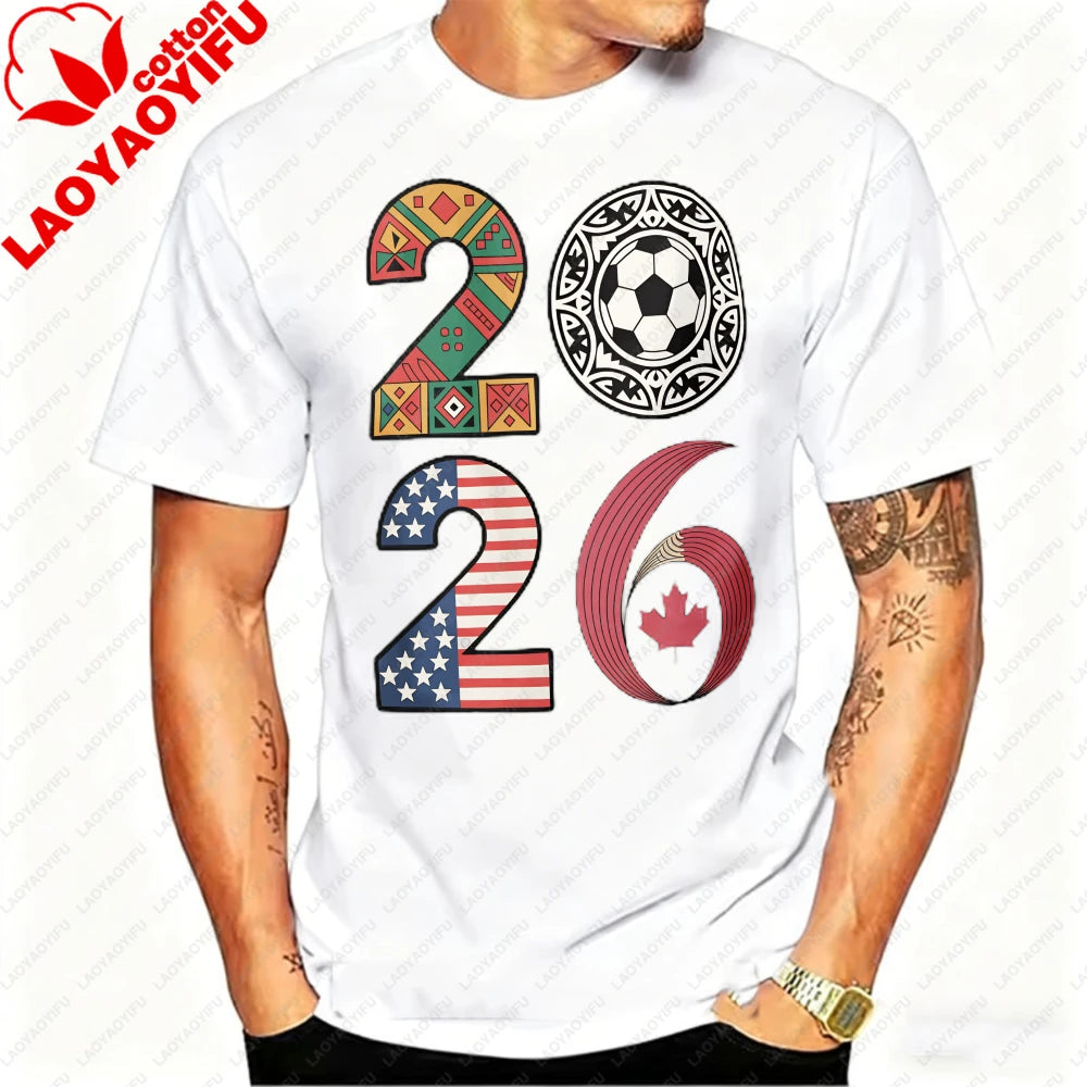 2026 USA Canada Mexico Soccer T-Shirt Cotton Shirt Tribal & Flag Graphic Tee, Ideal Gift for North American Football Enthusiasts