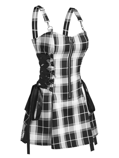 Dark Gothic Women Plaid Dress High Waist Bodycon Vintage Punk Harajuku Lolita Sleeveless Streetwear Y2K Sexy A-Line Mini Dresses