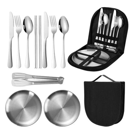 11 Pcs/lot Picnic Tableware Kit Portable Stainless Steel Knife Fork Spoon Plate Cutlery Set Outdoor Travel Camping Equipment