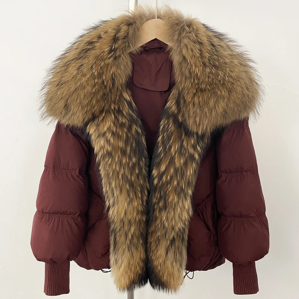 OFTBUY 2025 New Winter Large Real Raccoon Fur Puffer Coat Women Oversized Feather Down Parka Knit Sleeve White Duck Down Jacket