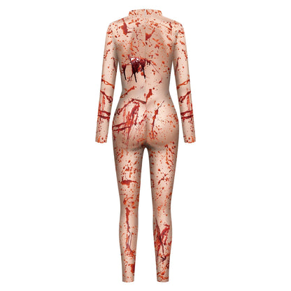Women's Halloween Horror Role Bloodstained Jumpsuit Scary Cosplay Costume Bodysuit Uniform for Party