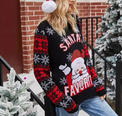 Women's Sweater Autumn New Santa Claus Embroidery Print Round Neck Long Sleeve Casual Knitwear Christmas Pullover Sweater