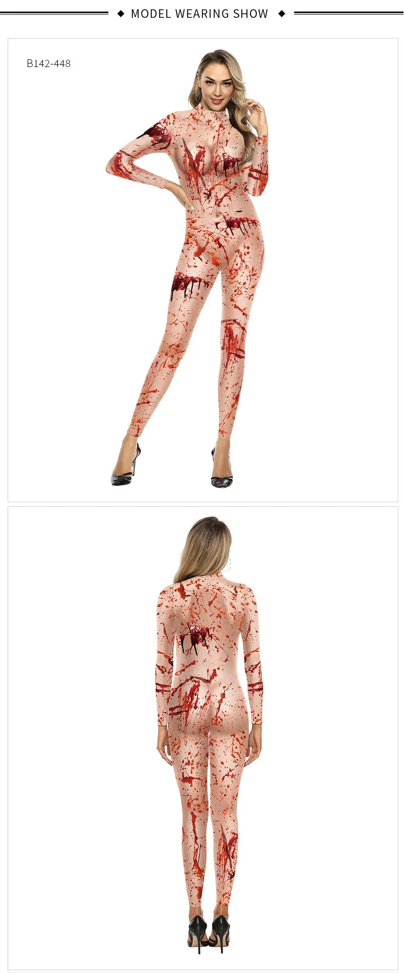 Women's Halloween Horror Role Bloodstained Jumpsuit Scary Cosplay Costume Bodysuit Uniform for Party