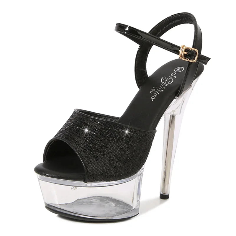 Summer Party Sequin Cloth Women's Sandals Transparent Petal Waterproof Platform High Heels Model Show Stiletto Strippers Shoes