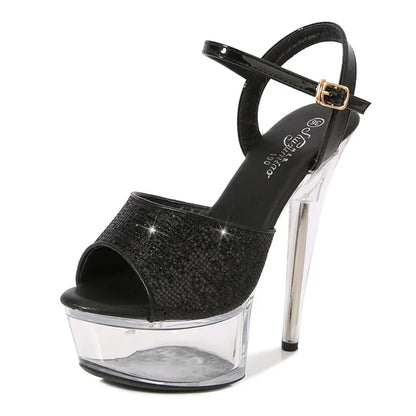 Summer Party Sequin Cloth Women's Sandals Transparent Petal Waterproof Platform High Heels Model Show Stiletto Strippers Shoes