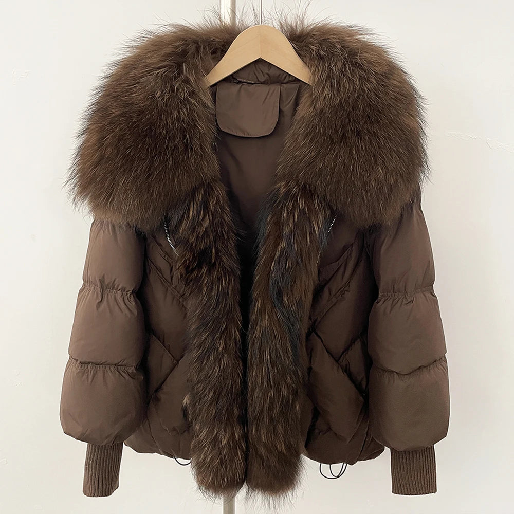 OFTBUY 2025 New Winter Large Real Raccoon Fur Puffer Coat Women Oversized Feather Down Parka Knit Sleeve White Duck Down Jacket