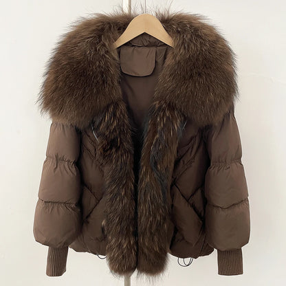 OFTBUY 2025 New Winter Large Real Raccoon Fur Puffer Coat Women Oversized Feather Down Parka Knit Sleeve White Duck Down Jacket
