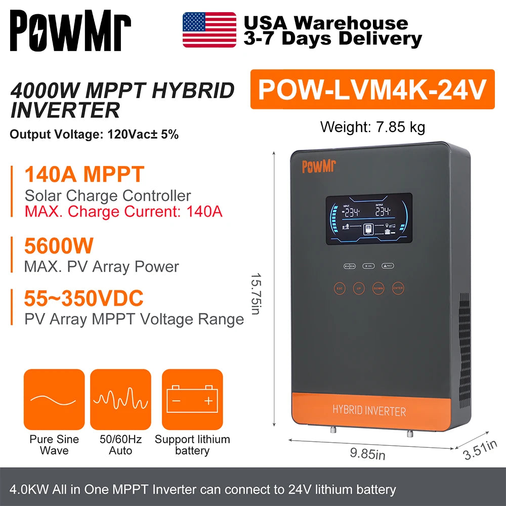 PowMr 4KW 110Vac Off Grid Hybrid Solar Inverters 24V 140A 5600W MPPT Charger Pure Sine Wave Home Inverter 6.25 Inch LCD Display