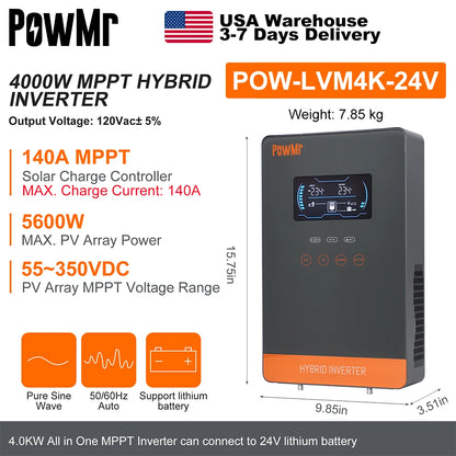 PowMr 4KW 110Vac Off Grid Hybrid Solar Inverters 24V 140A 5600W MPPT Charger Pure Sine Wave Home Inverter 6.25 Inch LCD Display
