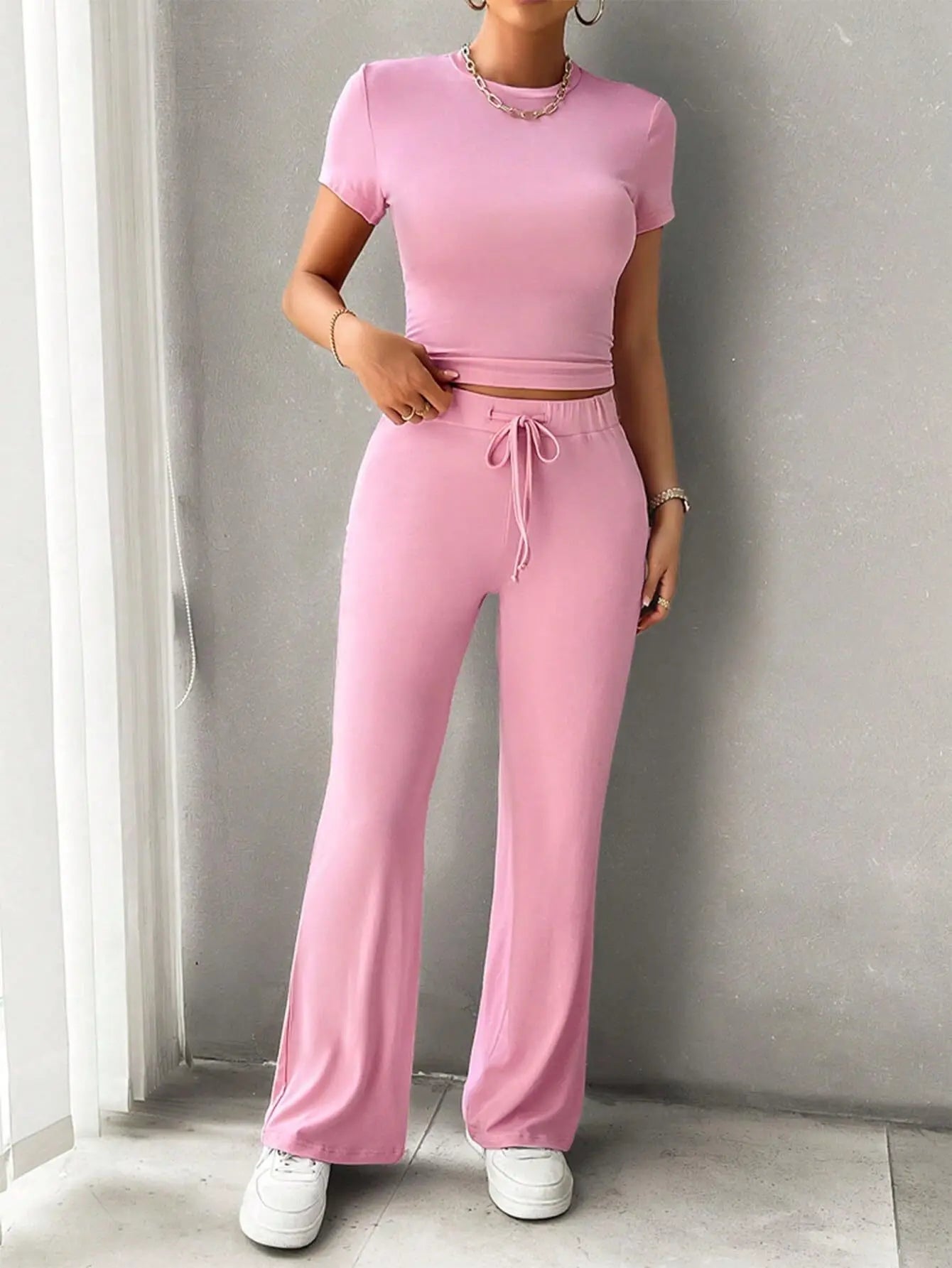 Summer Comfortable Casual Women's Home Sports Set 2025 New Fashionable Solid Color Slim Body Clothes + Trousers Two-piece Set