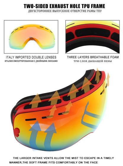 PHMAX Ski Goggles Men Snowboard Glasses Women Winter Outdoor Snow Sunglasses UV400 Double Layers Lens Anti-Fog Skiing Goggles